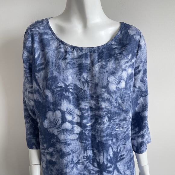 J Jill 3/4 Sleeves 100% Linen Shift Dress 10 Blue Hawaiian Tropical Palm Floral - Picture 2 of 15
